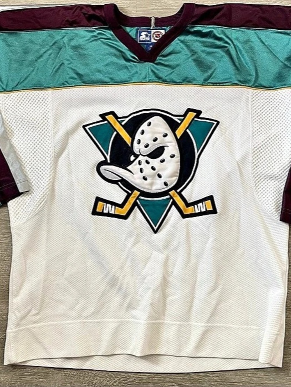 Vintage 90s Starter Anaheim Ducks NHL Hockey Jersey Size M White Teal Purple